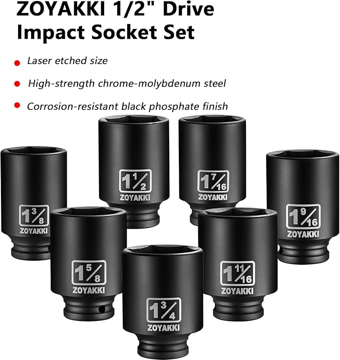 1/2" Drive Deep 6-Point Impact Socket Set,7 PCS Standard SAE (1-3/4 to 1-3/8inch) Spindle Axle Nut Impact Socket Set,Cr-Mo Alloy Steel for Auto Repair, Storage Case