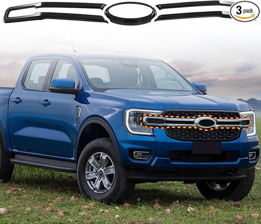 HIGH FLYING for Ford Ranger 2024 2025 Car Exterior Accessories Front Middle Grille Insert Bumper Overlay Carbon Fiber Style ABS 3pcs (Only Fit XLT/XL/XLS)
