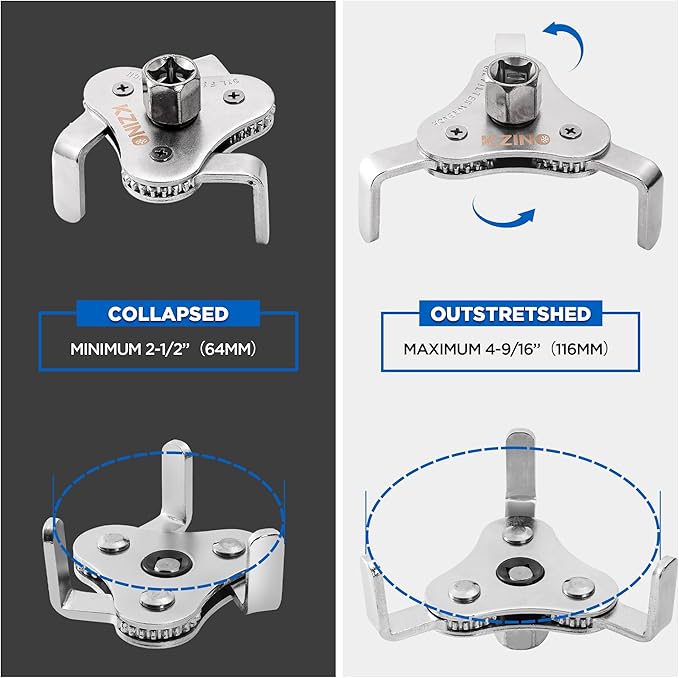 KZINO Oil Filter Removal Tool, Universal Oil Filter Wrench, Oil Filter Removal Tool Adjustable 2-1/2 to 4 inch & 3 to 5-1/2 inch, 1/2" Drive, Oil Filter Change Set (Flat)