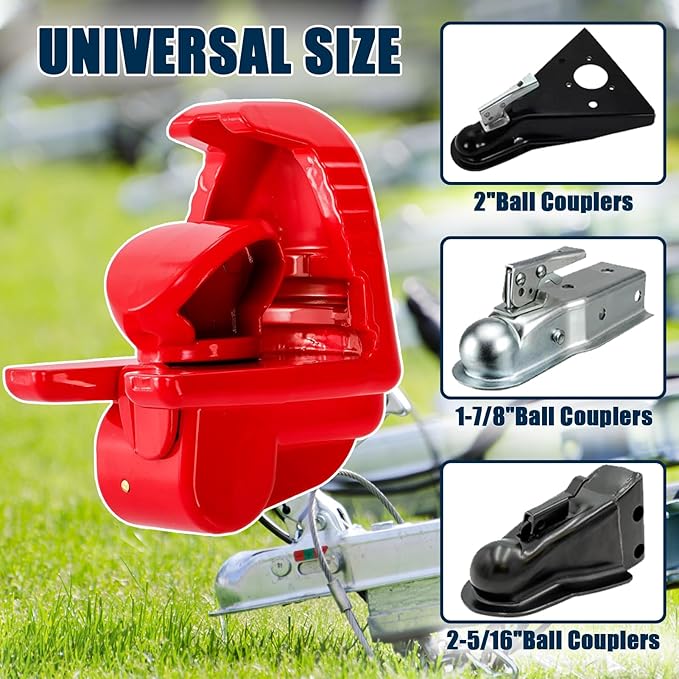 Trailer Hitch Locks with Keys, Universal Size Fit 1-7/8,2-5/16,2 Inch Ball Hitch Coupler Lock, Adjustable Heavy Duty Steel Trailer Tongue Lock for Boat, Trailers and RV, Anti-Theft Hitches, Red-1 Pack