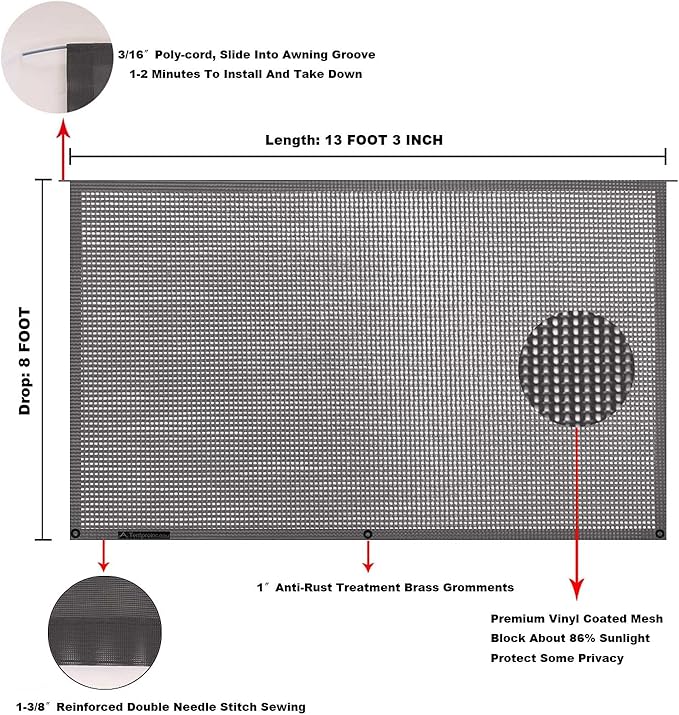 Tentproinc RV Awning Sun Shade Screen 8' X 13' 3'' (Fit for 14' Awning) Mesh Sunshade for RV Awning Sunscreen Motorhome Camping Trailer Awning Screenshade - 3 Year Warranty (Brown)