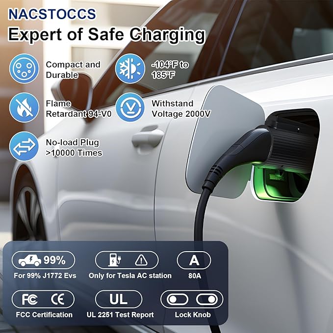 NACS to J1772 Charger Converter, 80Amp 280V for NACS to J1772 Adapter with Secure Lock & IP55 Rating, Compatible with NACS High Power Wall Connector & Destination Chargers