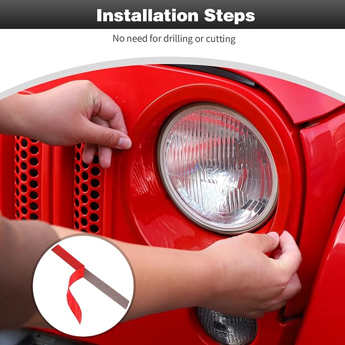 CheroCar for JK Mesh Grille Grill Insert & Headlight Cover Trim Exterior Accessories for Jeep Wrangler JK 2007-2017,Red…