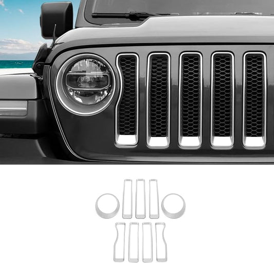 Grille Grill Insert+Headlight Turn Light Cover Compatible with 2018-2023 Jeep Wrangler JL JLU Sport/Sport S Only,Not for Sahara,Rubicon 4xe(Silver)