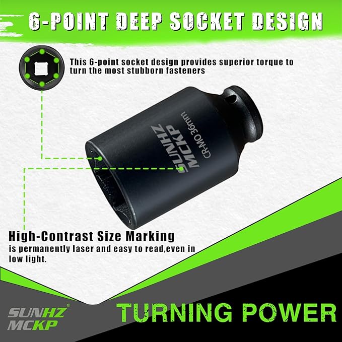 SUNHZMCKP 36mm Socket | 1/2” Drive Deep Impact Socket | 6 Point |CR-MO | Spindle & Axle Nut Impact Grade Socket for Easy Removal (METRIC 36 mm)