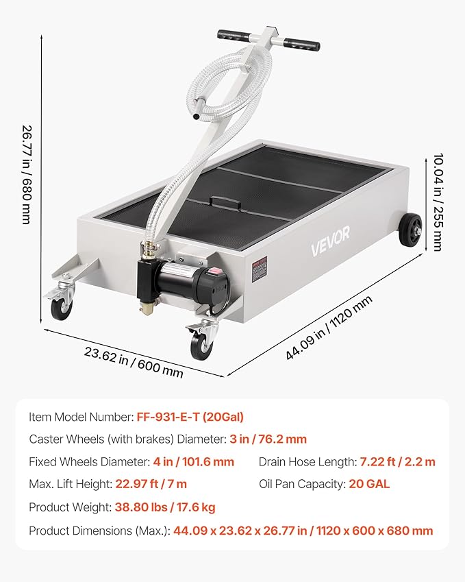 VEVOR Low Profile Oil Drain Pan, 20 Gallon Capacity, Rolling Oil Drain Pan with Electric Pump, 7.2 ft Hose & T Folding Handle, Leak-proof & Corrosion-resistant, Fit for Cars, SUVs, Trucks, ATVs, White