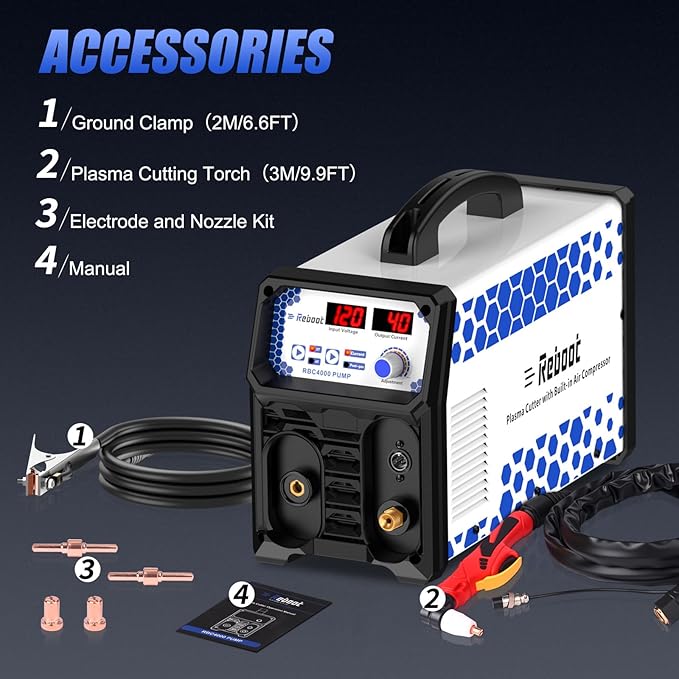 Reboot Plasma Cutter With Built In Air Compressor 40A 120V IGBT Inverter Digital Cutting Machine, 3/8 Inch Clean Cut And 3/5 Inch Max Cut High Frequency