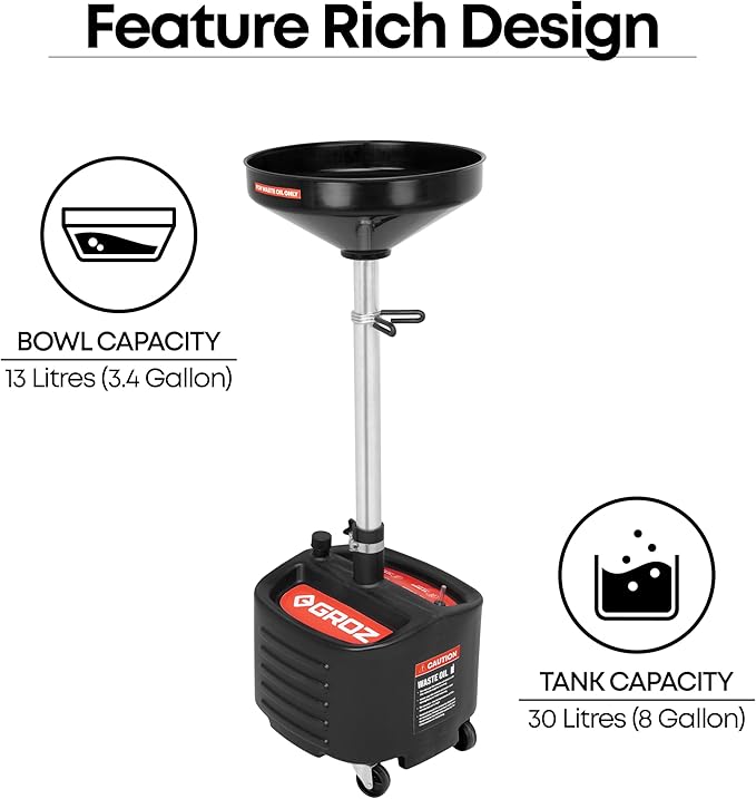 Groz 8 Gallon Waste Oil Drain Pan - Wheeled, Adjustable Height, Spill-Proof Design, Tool Storage (44605)