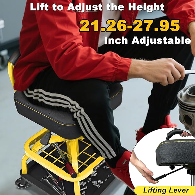 Rolling Shop Stool with Wheels, Garage Mechanic Shop Chair with Handle Backrest, Adjustable Height Work Stool, Roller Seat with Tool Tray Storage, Heavy Duty, 330 LBS Capacity, Yellow