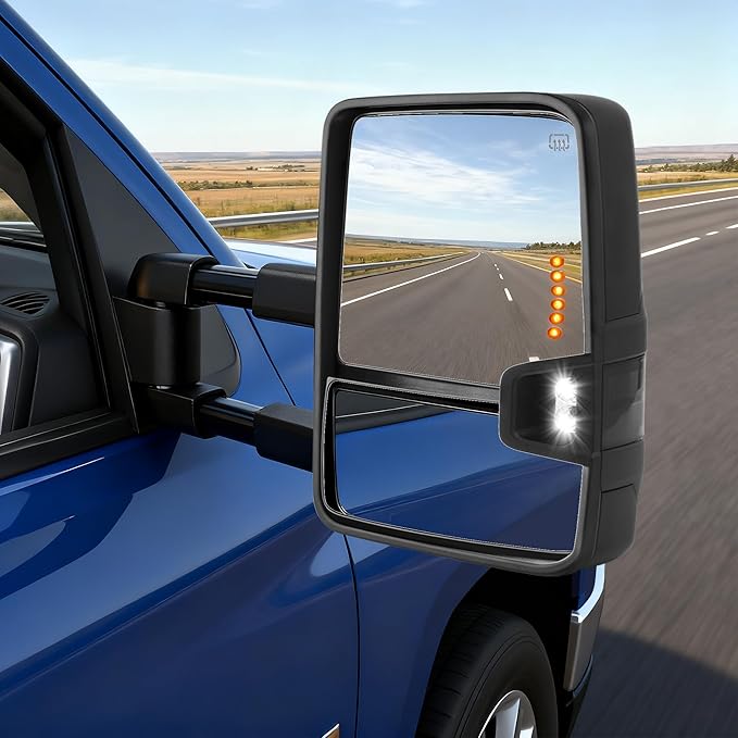 DWVO Tow Mirrors for 2014-2018 Chevy Silverado GMC Sierra 1500 2500HD 3500HD, Adjustable Foldable Side Mirrors with LED Turn Signals and Heated Power