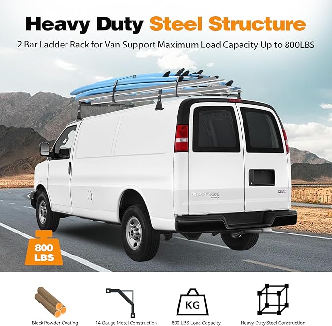 Universal Van Ladder Roof Racks, Adjustable Van Roof Ladder Racks with Cargo Roller Compatible with 1996-Up Chevy Express Fullsize and Vans with Rain Gutter,Black-2Pack