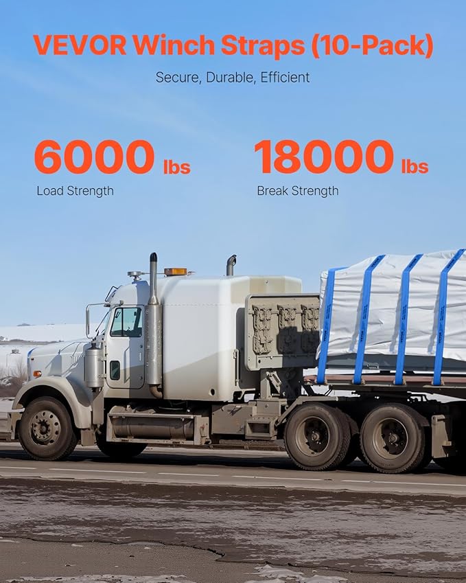 VEVOR Truck Straps, 4" x30' Heavy Duty Tie Down w/Flat Hooks 18,000lbs Break Strength, WLL# 6000lbs, Cargo Straps Tie Down for Flatbeds, Trucks, Trailers, Farms, Rescues, Tree Saver, Blue(10 Pack)