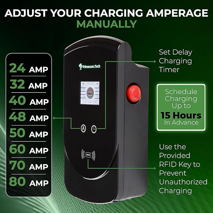 277/480 Volt AC 1 Phase (277 Volt) J1772 Level 2 EV Charger 80 Amp with up to 50 Feet Cord Lengths (25 Feet)