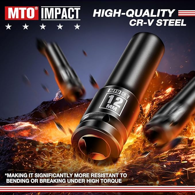 MTO 1/2" Drive 12mm Deep Impact Socket, 6-Point Metric Socket for Automotive Maintaince, CR-V Steel Meets ANSI Standards
