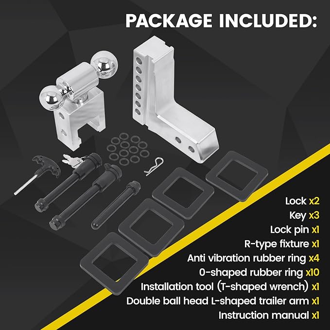 Adjustable Trailer Hitch for 2.5” Receiver, 18500 LBS GTW Aluminum - 6” Drop/Rise with 2-inch and 2-5/16 inch Dual Ball, w/Anti-Theft Lock & Hitch Tightener Silver