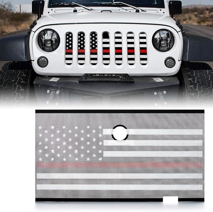 Xprite Aluminum Alloy Mesh Grill Insert with Hood Lock Hole & Firefighter Red Stripe, Compatible with 2007-2018 Jeep Wrangler JK JKU