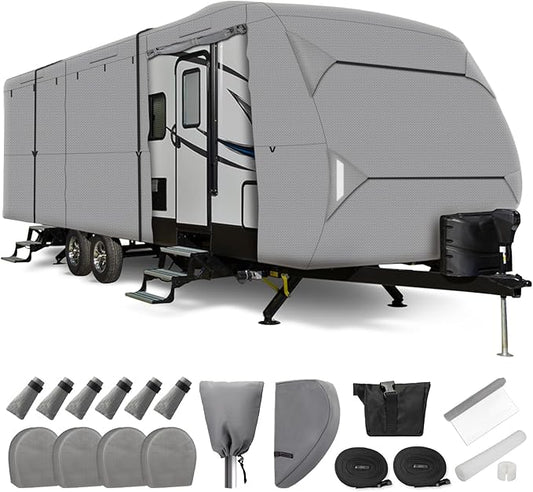 Leader Accessories Windproof RV Cover 16' -18' Travel Trailer Cover Extra Thick Camper Cover - Anti-uv & Ripstop with 4 Tire Covers, Adhesive Repair Patches