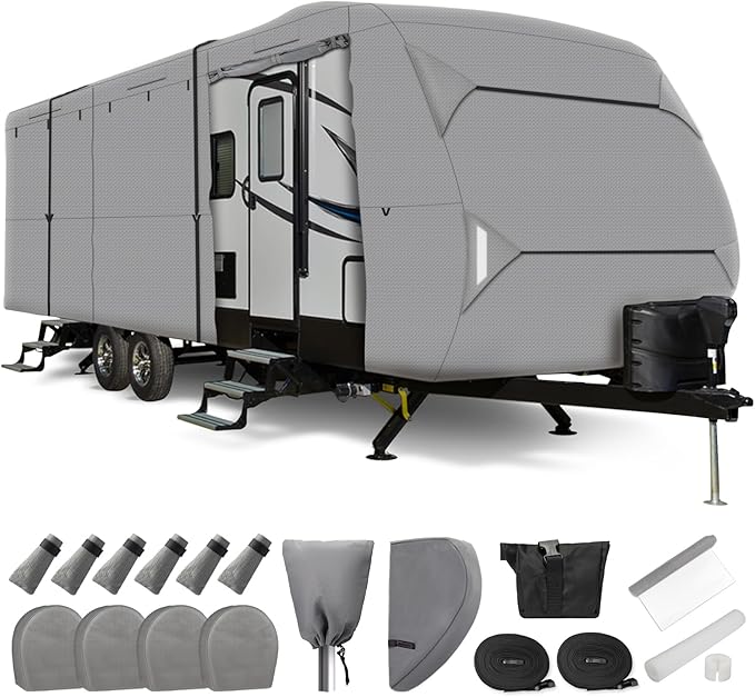 Leader Accessories Windproof RV Cover 22' -24' Travel Trailer Cover Extra Thick Camper Cover - Anti-uv & Ripstop with 4 Tire Covers, Adhesive Repair Patches