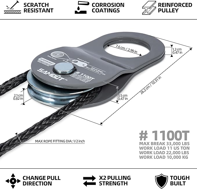 Winch Snatch Block (11 US Ton WLL) Recovery Towing Pulley System for Synthetic Rope or Steel Cable with Max Dia. 1/2in