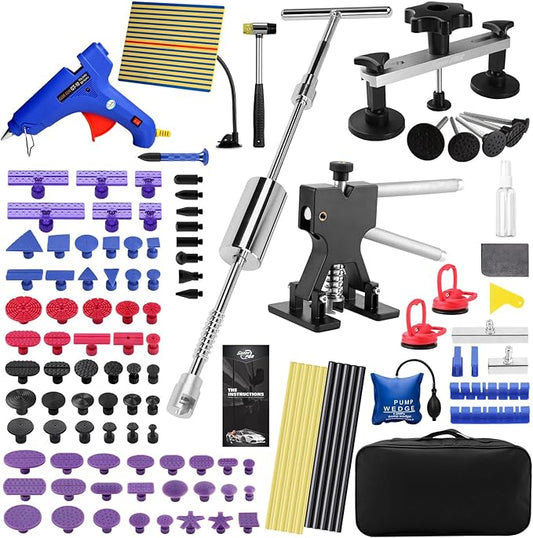 Paintless Dent Repair Kit with Slide Hammer – Auto Dent Puller Tool Set with Multi-Size Heads, Line Board,100W Glue Gun & Storage Bag for Car Door,Hood,Body,Roof