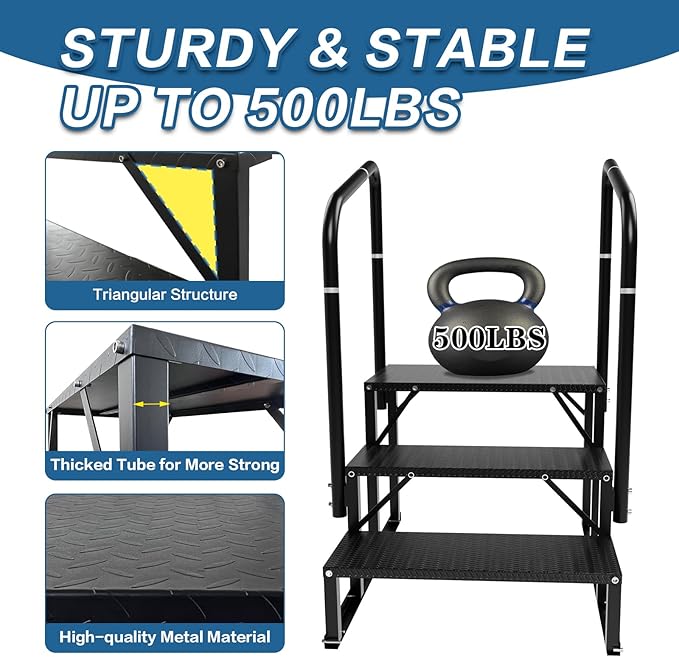 RV Steps, 3-Steps RV Stairs with Handrail Hot Tub Steps Camper Steps, Non-Slip Steps Outdoor Stairs for RV, Trailer, Mobile Home Stairs, Outdoor Spa