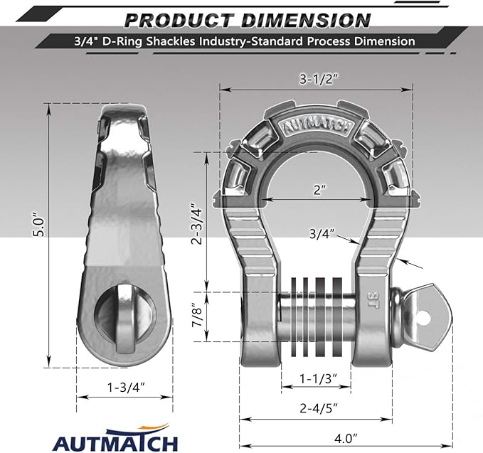 AUTMATCH D Ring Shackles 3/4" Mega Shackle (2 Pack) 68,000Ibs Break Strength - Heavy Duty Clevis Shackles with 7/8" Screw Pin and Isolator Washer for Tow Strap Winch Off Road Vehicle Recovery, Silver