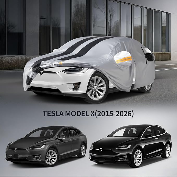 10 Layers Car Cover Custom Fit for Tesla Model X 2015-2026 100% Waterproof All Weather Automobiles, Gift with Towel, Heavy Duty Car Covers for Rain Sun UV Protection with Door Zipper.