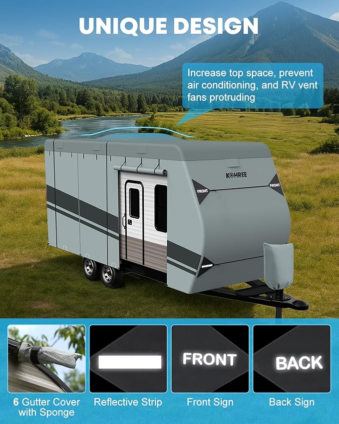 Kohree Travel Trailer Cover 22-24 ft with 8 Enlarged Vents, Sturdy & Waterproof & Anti-UV RV Camper Cover Kit with Front & Back Sign for All Weather Protection B