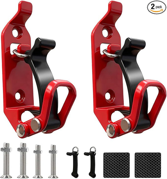 2Pcs Red Car Accessories - Metal Rubber Clamp Wall Mounting Brackets, Quick Release Axe Holder & Shovel Mount for Roof Rack, Truck, Boat, Military Equipment & Tools, Fits 0.67–1.57" Tools