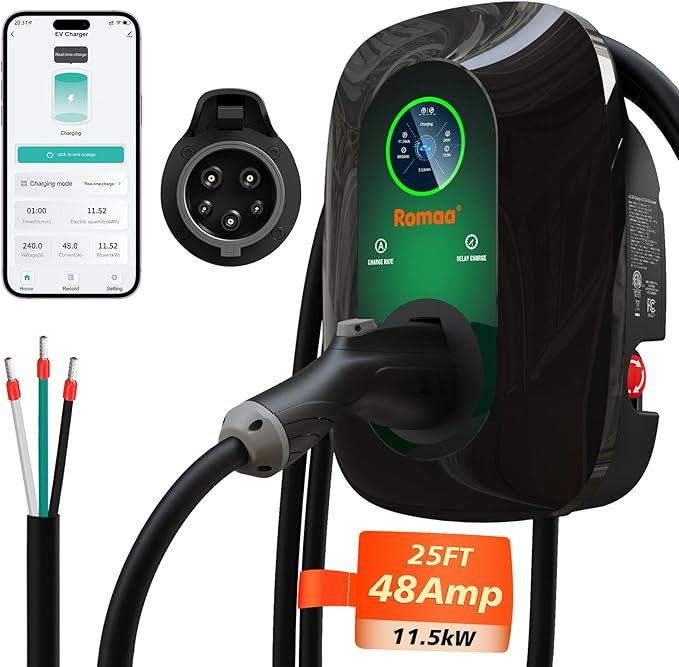 Romaa Level 2 EV Charger J1772 48A Hardwired 240V Home Charging Station - ETL Listed, FCC Part 15 -NEMA Type 4 IP66 - App WiFi Smart Display, 25 ft, Indoor Outdoor, 4.3 inch LCD, Black