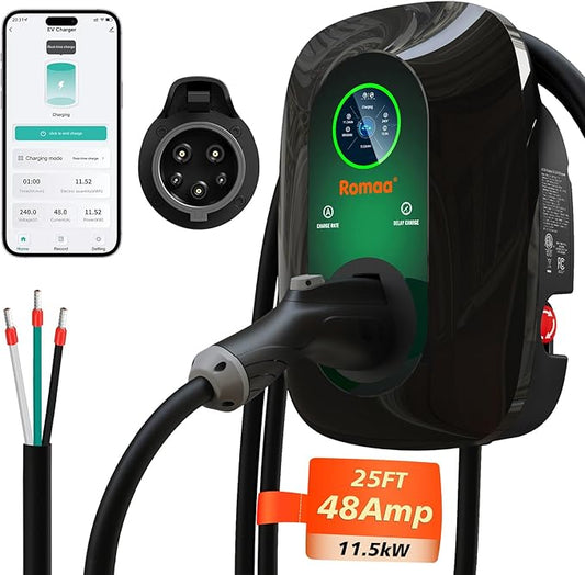 Romaa Level 2 EV Charger J1772 48A Hardwired 240V Home Charging Station - ETL Listed, FCC Part 15 -NEMA Type 4 IP66 - App WiFi Smart Display, 25 ft, Indoor Outdoor, 4.3 inch LCD, Black