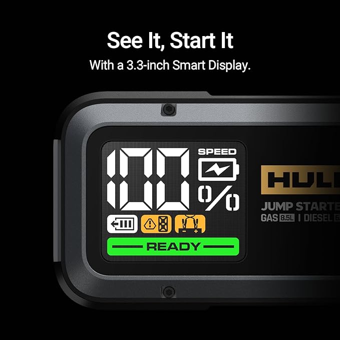 Hulkman Alpha85,Space Gray,2000A 74Wh Smart Jump Starter,12V Portable Car Battery Booster with 3.3" Display,USB-C Power Pack,5-Mode Flashlight,Jumper Cables for up to 8.5L Gas/6.0L Diesel