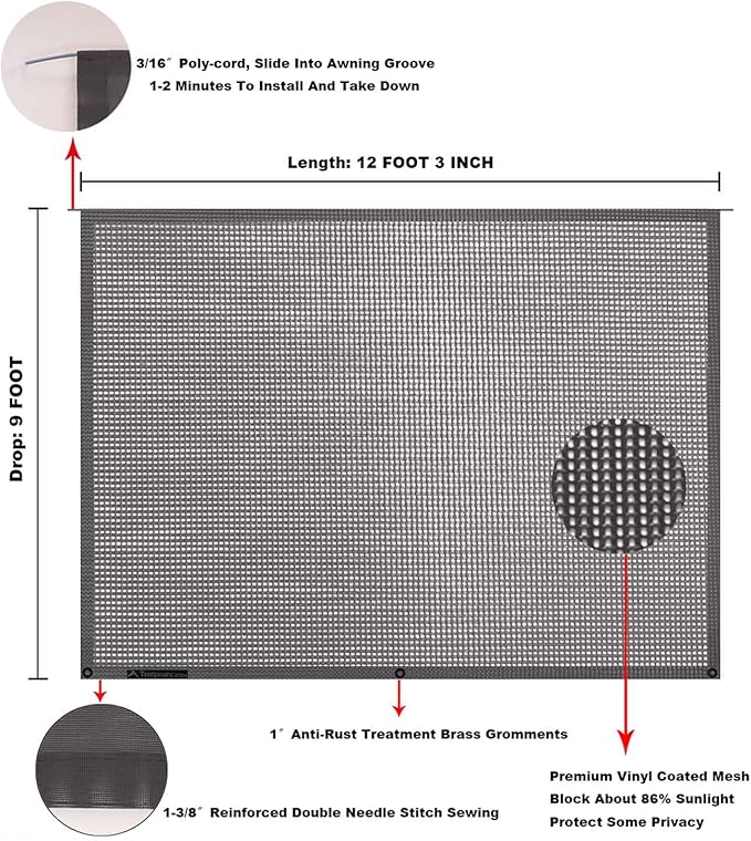 Tentproinc RV Awning Sun Shade Screen 9' X 12' 3'' (Fit for 13' Awning) Mesh Sunshade for RV Awning Sunscreen Block UV Glare Motorhome Camping Trailer Awning Shadescreen -3 Year Warranty (Brown)
