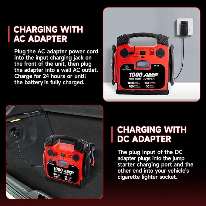 Car Battery Jump Starter with Air Compressor Portable Tire Inflator,260PSI 1000Amp Battery Booster Jumper Box(Up to 5L Gas or 5L Diesel) Power Station 12V DC Outlet USB Port,LED Light