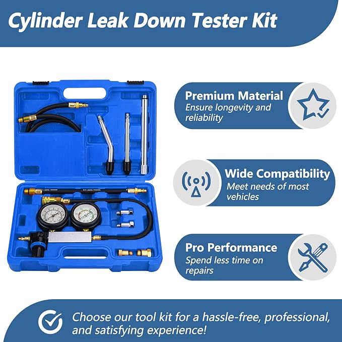 Dual Gauge Leakdown Detector Tool Set Cylinder Leak Down Tester Kit for Pressure Check & Leakage Rate Test Gasoline Engine Compression Leakdown Detector Leakage Test Set(Blue)