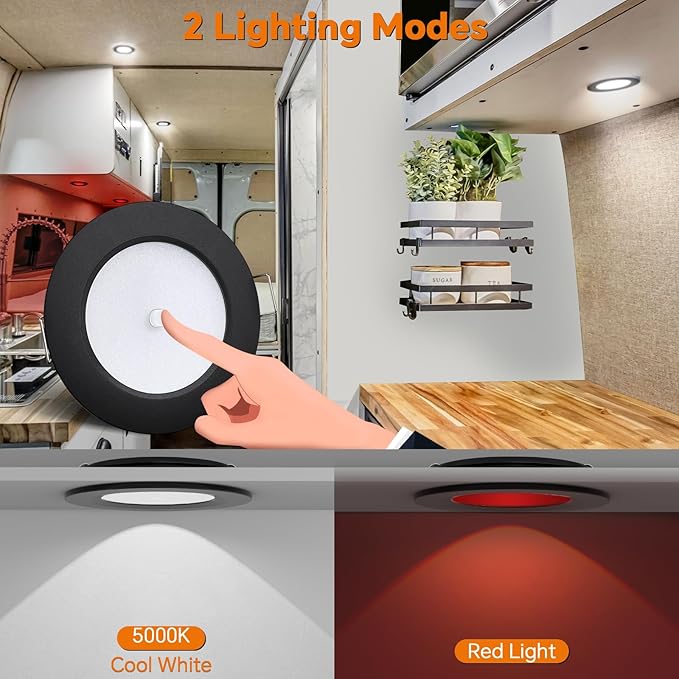 3" LED 12V Push Lights w/Built-in Switch Interior Bi-Color 12 Volt Red LED Puck Light Full Aluminum RV Dimmable Flush Mount Light for Camper, Boat, Trailer 4Pcs (Black, Cool White)