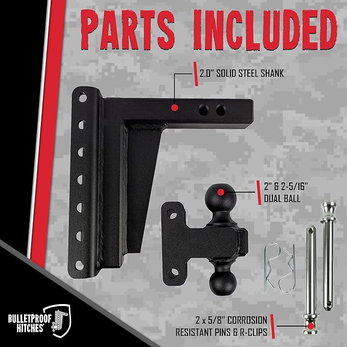 BulletProof Hitches - 2.0" Adjustable Extreme Duty Trailer Hitch (30,000 lb. Rating) - 8" Drop/Rise with 2" and 2 5/16" Dual Ball - Powder Coat, Solid Steel, Corrosion-Resistant