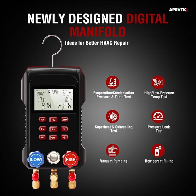 Digital HVAC Gauge, Aprvtio AMF-300 AC Manifold Gauge Set with 3000PSI Hoses and 2 Wired Temperature Clamp Probes, Refrigerant Gauges for Automotive HVAC System HVAC Tools Kit R134a R22 R12