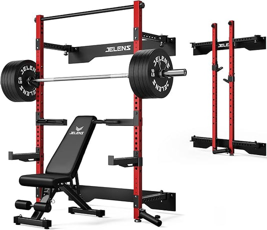Folding Squat Rack, Wall Mounted Power Rack for Home Gym, Space Saving Multi-Functional Power Cage with Attachments