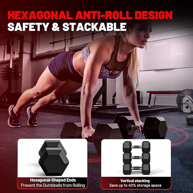 PAPABABE HEX Dumbbell Set 2.5-125lb, Rubber Encased Home Gym Dumbbells, Exercise & Fitness Weights Dumbbells for Women & Men, Hand Weight for Strength Training