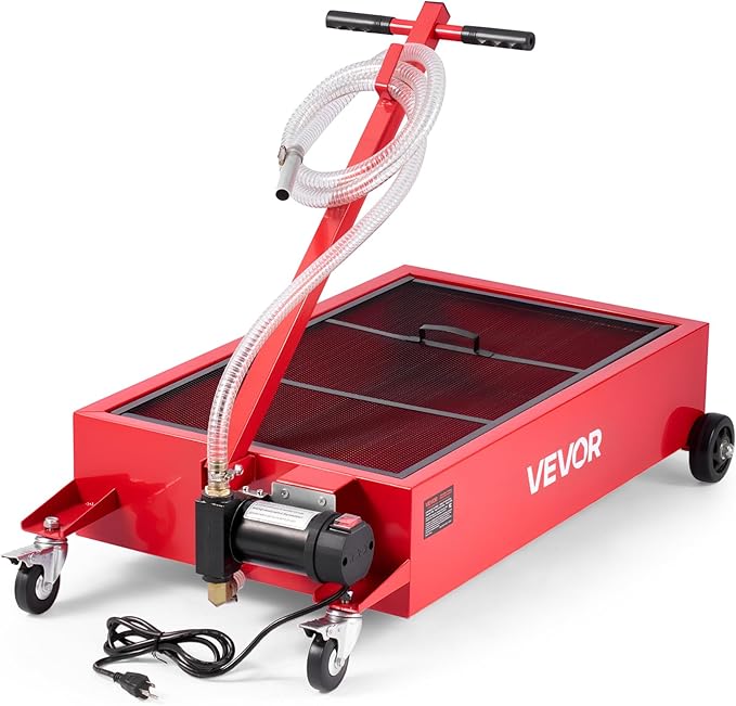 VEVOR Low Profile Oil Drain Pan, 17 Gallon Capacity, Rolling Oil Drain Pan with Electric Pump, 7.2 ft Hose & T Folding Handle, Leak-Proof & Corrosion-Resistant, Fit for Cars, SUVs, Trucks, ATVs, Red