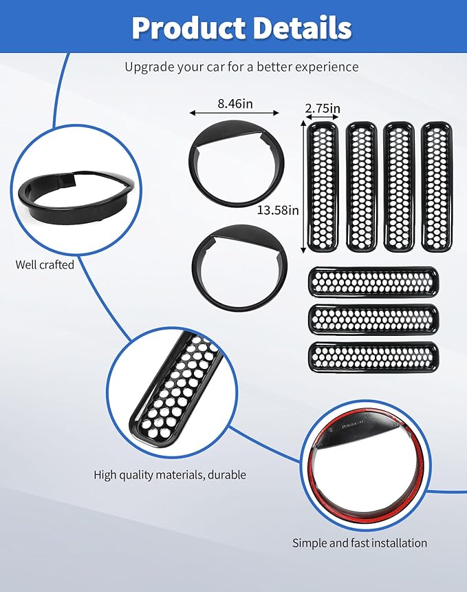 Honeycomb Front Grille Mesh Inserts & angry eyes Headlight Bezels Cover Trim Fit for 1997-2006 Jeep Wrangler TJ & Unlimited Exterior Accessories Clip-in Grille Guard Cover Headlight Bezels Trim Ring