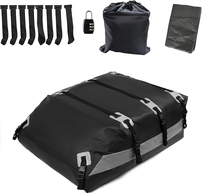 Car Roof Bag, Rooftop Cargo Carrier 21 Cubic Feet, Waterproof Car Topper Luggage Carrier with/Without Rack, Includes Anti-Slip Mat, 8 Reinforced Straps, 8 Door Hooks, Luggage Lock, Storage Bag