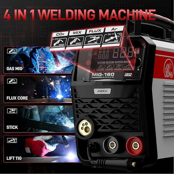 ANDELI MIG Welder, 160A 110V/220V Dual Voltage GAS MIG/FLUX MIG/LIFT TIG/STICK 4-In-1 Multiprocess MIG Welder, LED Digital Display Synergic Control,Gas Gasless MIG Welding Machine With welding rods