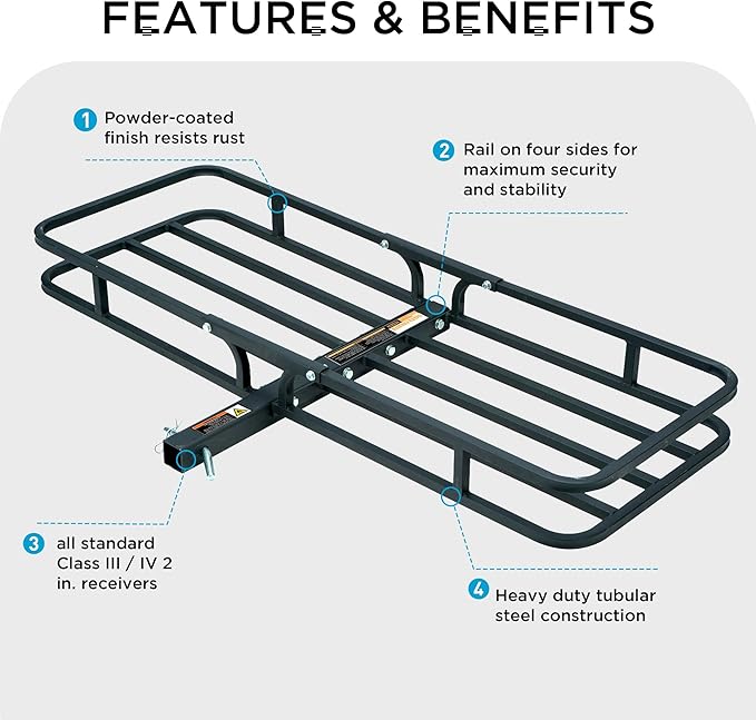 Rockland Heavy Duty Steel Cargo Carrier, 500 LBS, 53.5" x 19.5" x 4", Hitch Mount for 2" Receivers, Compatible with Class III & IV, Heat-Resistant, Durable, Easy Assembly