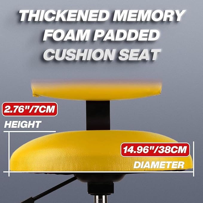 Shop Stool with Backrest, Mechanic Garage Stool for Workshop, Adjustable Shop Stools Chair, Padded Workbench Stools for Men Women, 300 LBS Capacity, 360° Swivel PVC Seat, Heavy Duty, Yellow