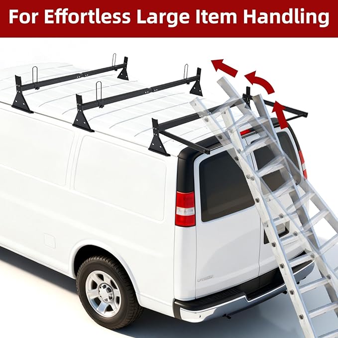 hightall Universal Van Ladder Rack with Roller,Adjustable Length 57-70" with Cargo Stoppers for Van with Rain Gutter,Compatible with Chevy Express 1500 2500 3500 Ford Econoline GMC Savana