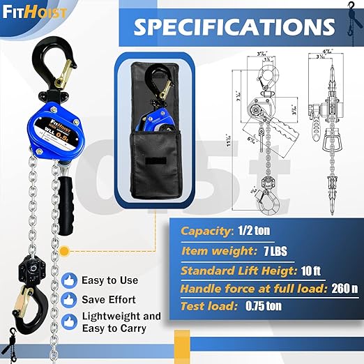 1/2Ton Chain Hoist (2-Pack) 1100Lbs Capacity 10ft Lift Small Come Along Alloy Steel G80 Chain 2 Heavy Duty Hooks, Manual Lever Chain Hoist for Garages Warehouse Automotive Machinery