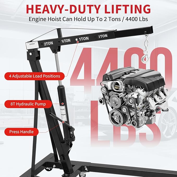 2-Ton Folding Engine Hoist Cherry Picker 4400 Lb Capacity Hydraulic Shop Crane with Telescoping Boom 6 Caster Wheels for Automotive Repair Garage Use Includes Hitch and Storage Stand Black