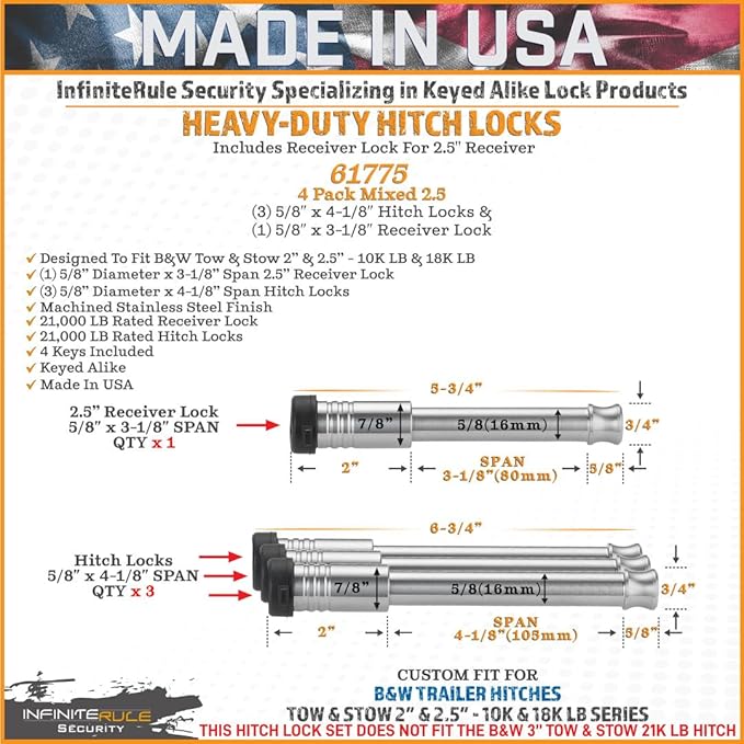 61775 | 4 Pack Mixed 2.5, Keyed Alike, Hitch Locks for B&W 2" & 2.5" Tow and Stow 10K LB & 18K LB - Includes Receiver Lock for 2.0" Or 2.5" Receiver